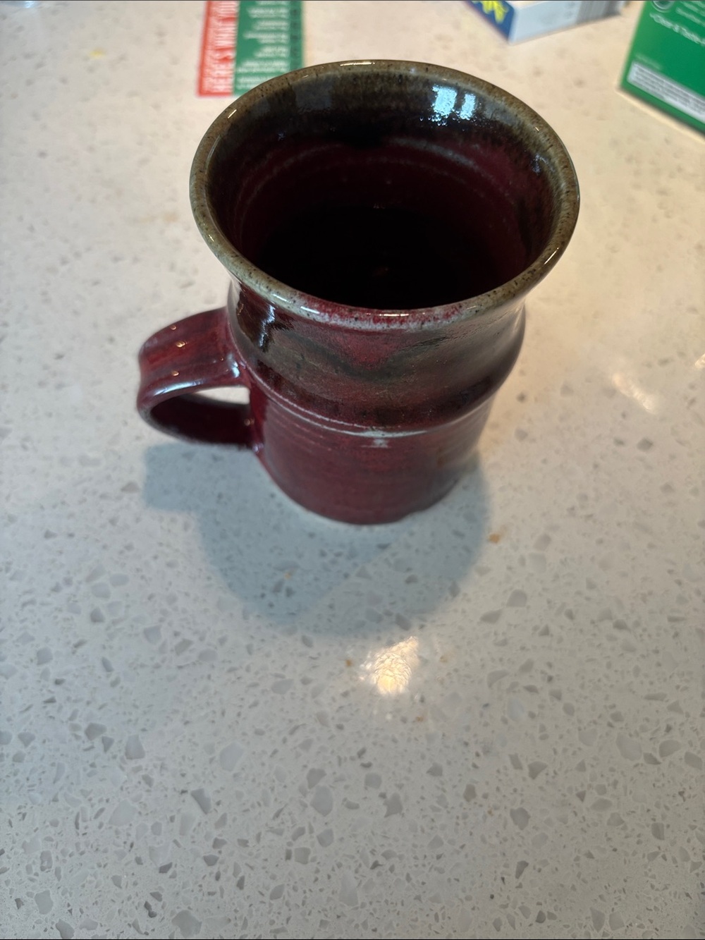 Hand thrown Deep Red Ceramic Mug with Dark Green Accents